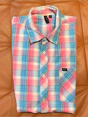 RVCA Men’s Pink & Blue Plaid Button-Down Shirt